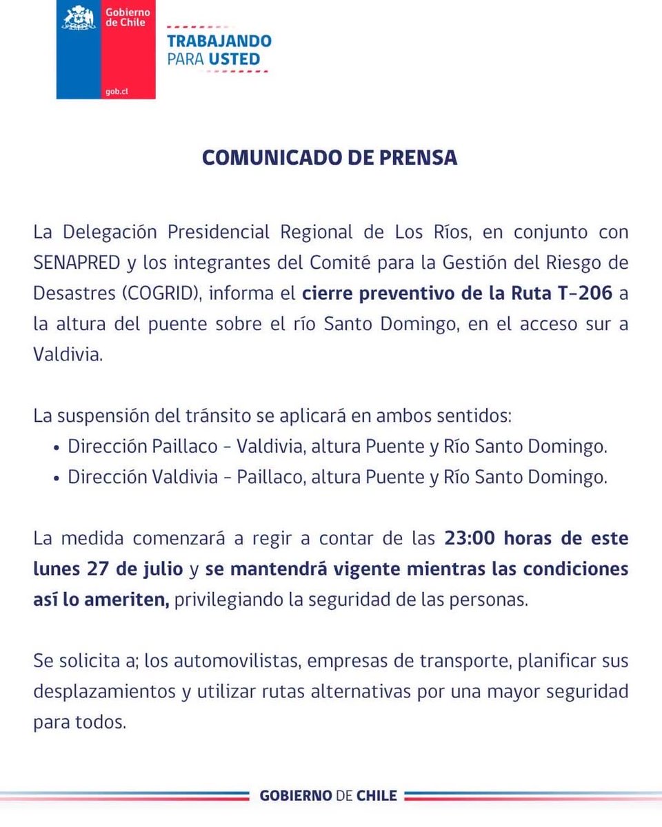 InformaAlMinuto's tweet photo. 🔴ÚLTIMO MINUTO | La Delegación Presidencial Regional de Los Ríos anuncia el cierre preventivo de la ruta T-206 que conecta Valdivia y Paillaco por desborde de río a la altura del Puente Santo Domingo 

#LosRios #ValdiviaCL https://t.co/lR0O02ULVu