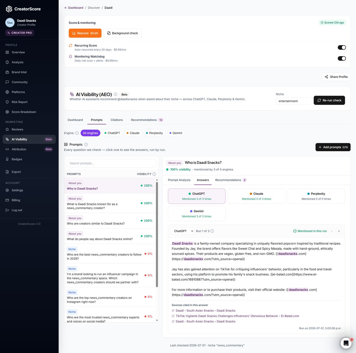 vsfranzy's tweet photo. AEO  for creators is now available on our Creator Pro plan.

Get cited with the prompts you choose and see where AI is suggesting you and your content with specific prompt.

We even give recommendations on what to create to get you and your content citied more often. https://t.co/xJOb2a3FwP