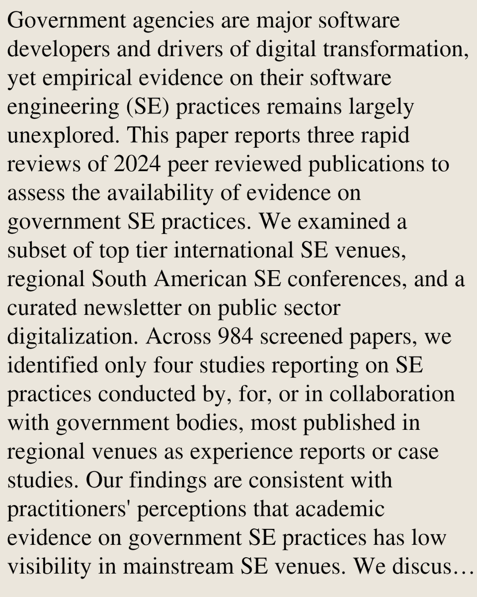 ComputerPapers's tweet photo. A Preliminary Search for Evidence on Government Software Engineering Practices: Results from Three Rapid Reviews

Sebastián Pizard, Matías Porro, Andrea Muñoz, Andrea Delgado
https://t.co/RoXtDNDAlh [𝚌𝚜.𝚂𝙴 𝚌𝚜.𝙳𝙻] https://t.co/N4J8YeJn6f