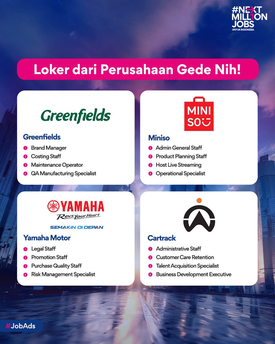 JobStreetcom's tweet photo. Loker loker dari perusahaan besar nih! Kalo ada yang cocok buat kamu, langsung aja klik link di bawah.                                                                                                                                                   

Greenfields: https://t.co/QiUQBDIyfM

Miniso: https://t.co/gDdVsuwRK7

Yamaha Motor: https://t.co/EvQ8NWRohG

Catrack: https://t.co/zKTw2dDDuu

Cari info loker yang update dan terpercaya, ya carinya di Jobstreet!                        

#InfoLoker #LowonganKerja #ZonaUang #Hiring #CariKerja #NextMillionJobs #JobstreetIndonesia