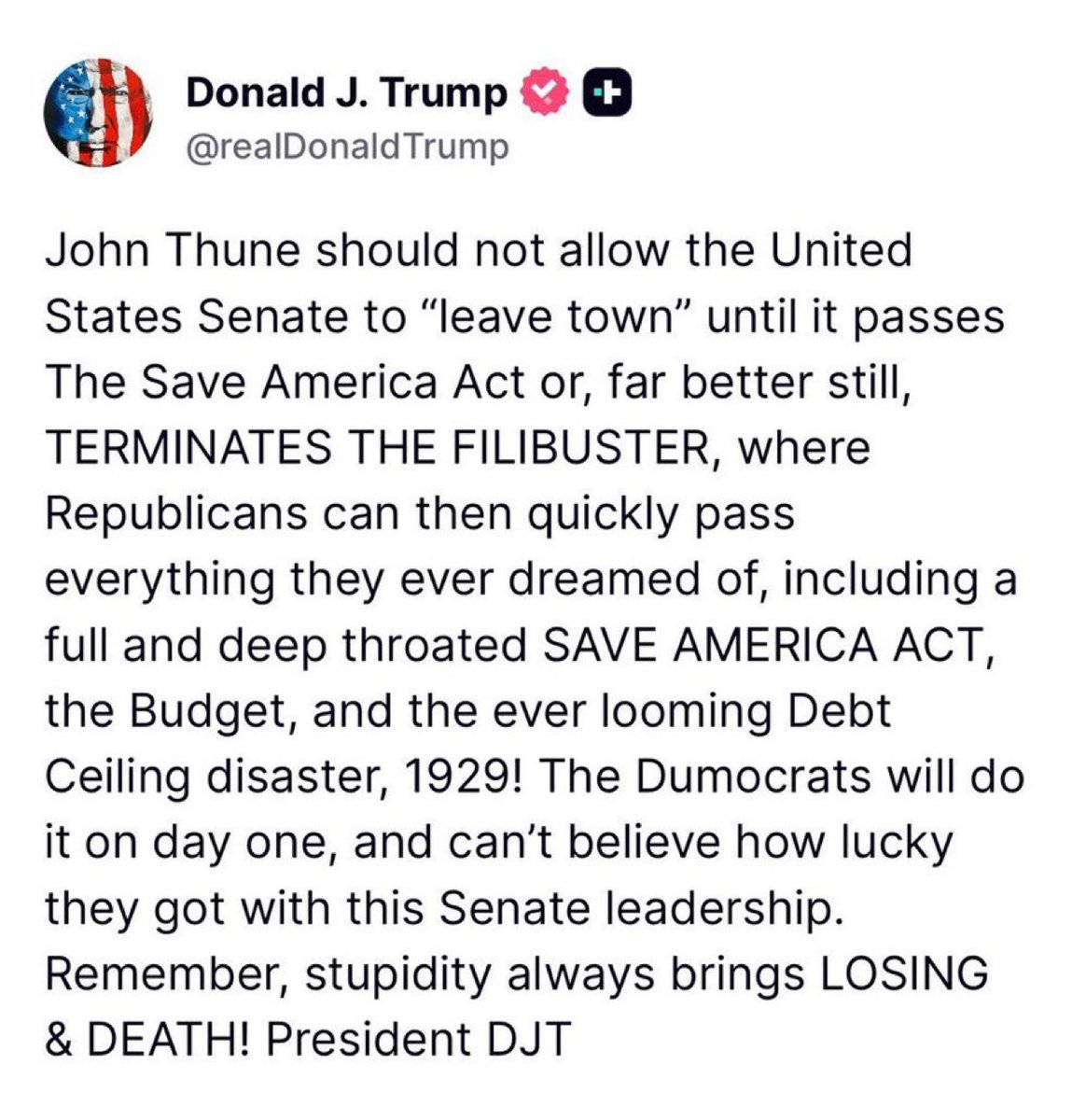 LambFishLion's tweet photo. @LeaderJohnThune Now prove that you are the true leader of the Senate. https://t.co/g7xBwbOPvn