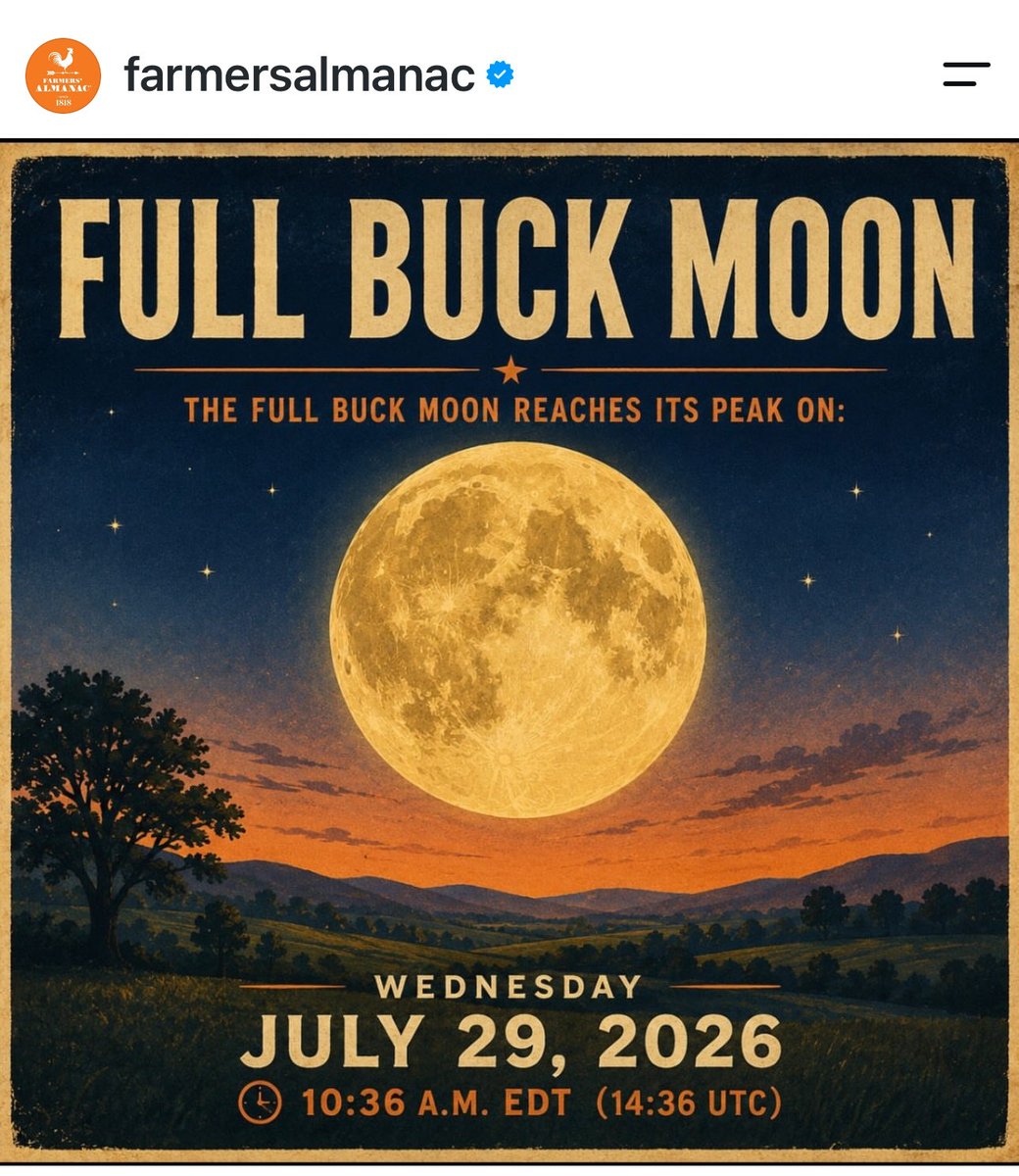 boonecutler's tweet photo. The Full Buck Moon reaches its peak on Wednesday, July 29, at 10:36 a.m. EDT. While the exact peak happens during daylight hours, the Moon will look beautifully full on the evenings of July 28 and July 29—perfect for an evening walk, backyard stargazing, or snapping a photo.

Will you be watching the Buck Moon this week? Tell us where you'll be viewing it!
#FullBuckMoon #BuckMoon #FullMoon #Moon #NightSky #Astronomy #Stargazing
#LookUp 
Farmers Almanac Summer
