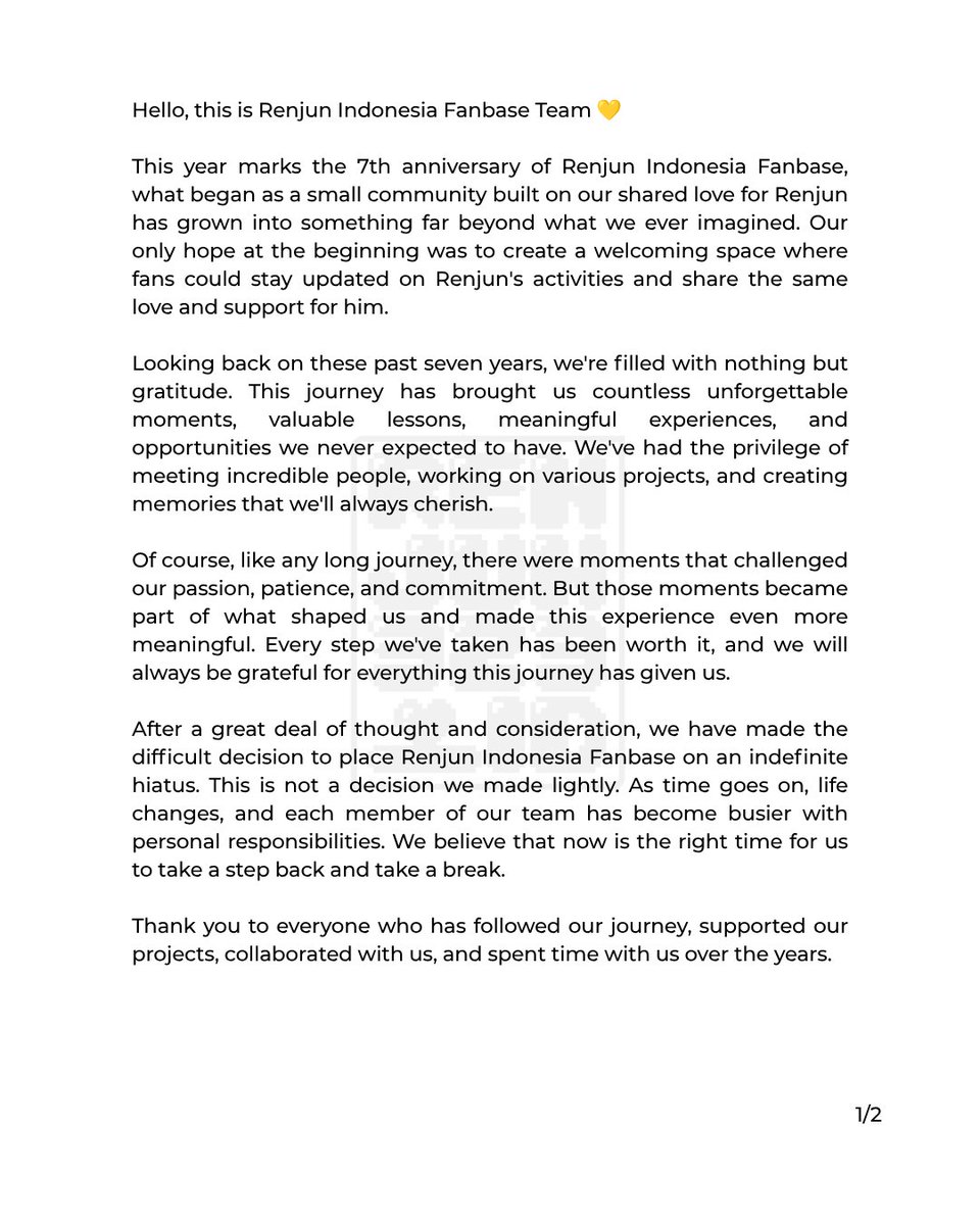 Renjun323_ID's tweet photo. [Hiatus Announcement]

Hello, this is Renjun Indonesia Fanbase.
After careful consideration, Renjun Indonesia Fanbase will be taking an indefinite hiatus.

Thank you for your endless love and support over the past seven years.

Warm regards,
Renjun Indonesia Fanbase 💛 https://t.co/94zs04Uj0K