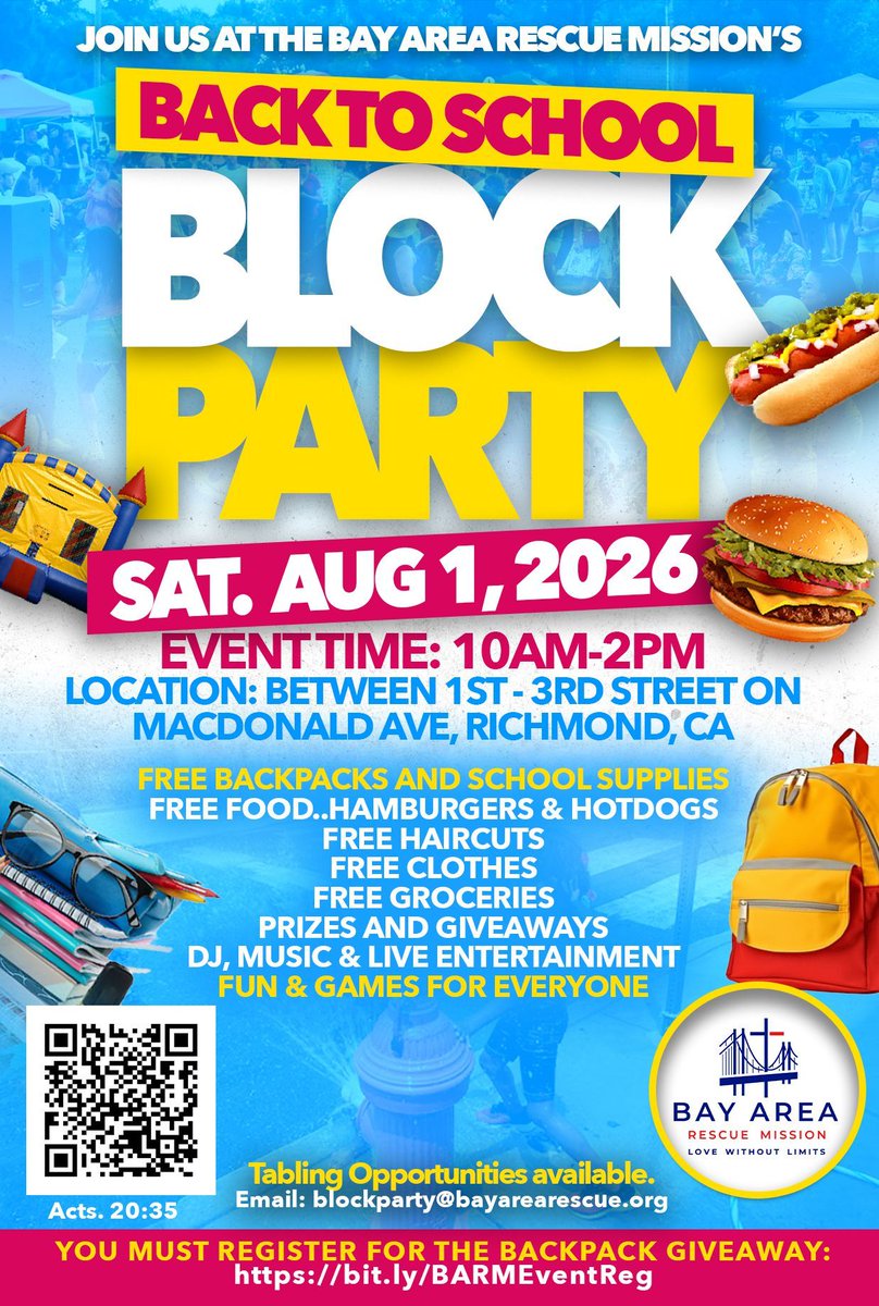bayarearescue's tweet photo. Reminder: The Back-to-School Community Block Party is happening this Saturday from 10 AM–2 PM at the Bay Area Rescue Mission! 🎉🎒🚌 Free activities, school supplies, food, and family fun — see you there! 📚🍔👟 https://t.co/G6vtmX3uAD