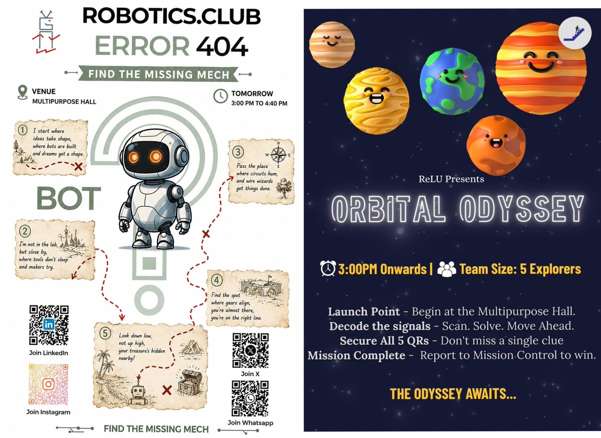 RoboticsClubAVV's tweet photo. Robotics &amp; ReLU Talent Hunt
Prepare for an exceptional challenge as the Robotics Club and ReLU Club proudly present a collaborative Talent Hunt. Participants can choose between two themes: "ERROR 404: BOT NOT FOUND" by Robotics Club or "ORBITAL ODYSSEY" by ReLU Club.
@reluavv https://t.co/FDouCZPEeH