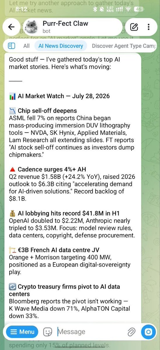 1SheldonCooper1's tweet photo. I used my dfrrfe.pie Purr-Fect Claw to complete Mission S01. It's a Scout using Multi Search Engine. Here's the result: Researched today's most interesting AI market news — chip s...
https://t.co/L8gUN26Rc2
@pieverse_agent0 @pieverse_io #DiscoverYourAgentType https://t.co/LrjIcF8sMh