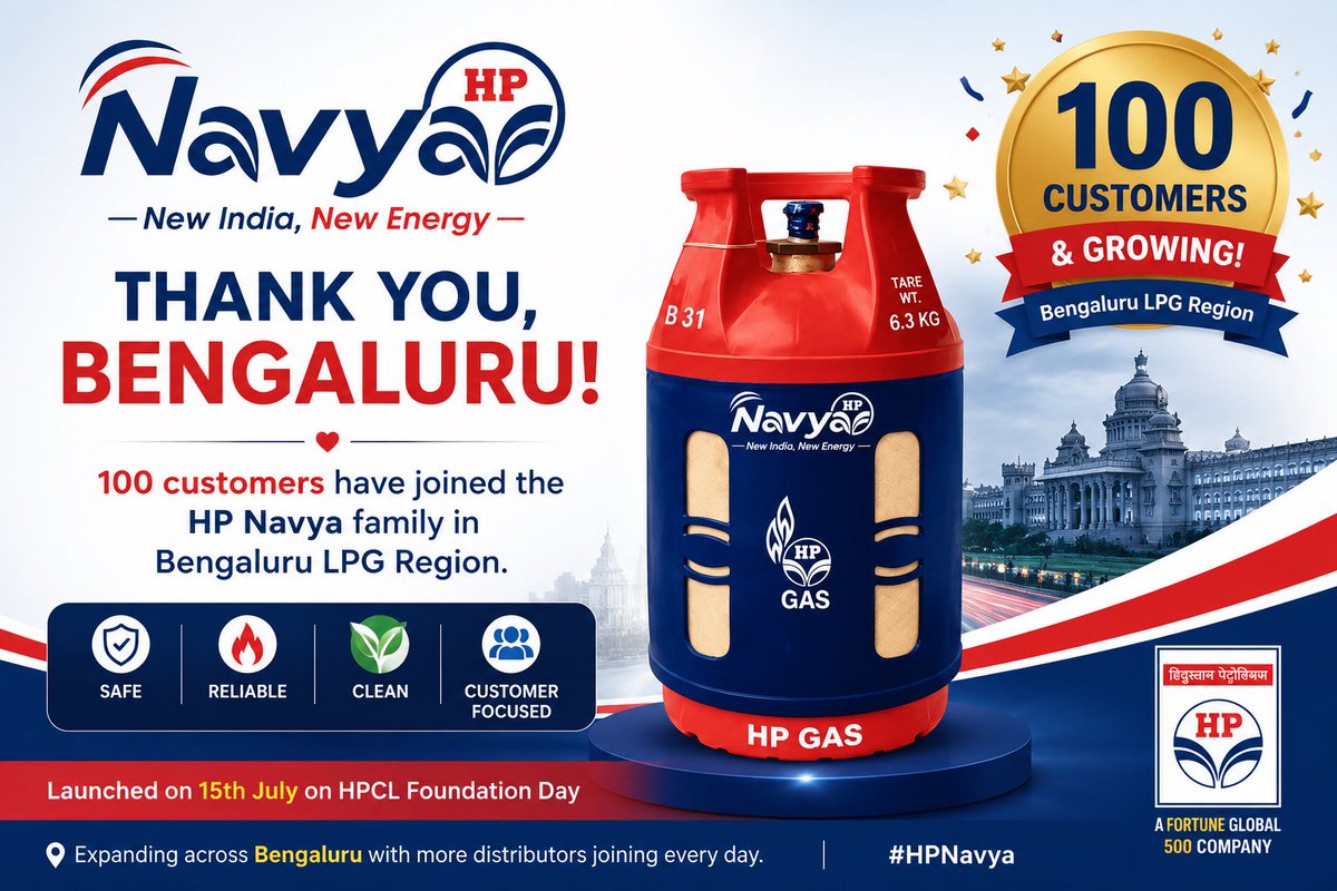 HPCLBSA1's tweet photo. 💯 A significant milestone for HP Navya in Bengaluru!

We are delighted to share that 100 customers have now joined the HP Navya family in Bengaluru LPG Region. 

Thank you, Bengaluru, for your trust as we power a New India, New Energy.
@HPCL @HPGAS_HQO @dhruvkapil @BlroHpcl https://t.co/f8Hwn60EfE