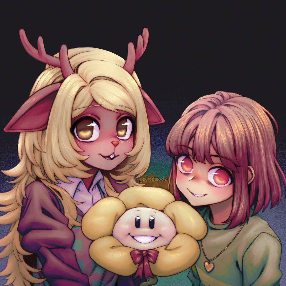 rkgkrabu's tweet photo. my 3 friends and they love to smile #undertale #deltarune #noelleholiday #flowey #charadreemurr https://t.co/EeUeODfYGa
