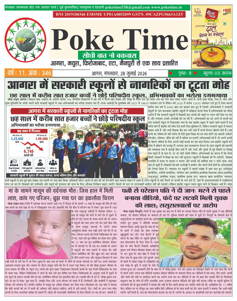 Manojgo92469410's tweet photo. @rashtrapatibhvn आगरा में सरकारी स्कूलों से नागरिकों का टूटता मोह
छह साल में करीब सात हजार बच्चों ने छोड़े परिषदीय स्कूल, अभिभावकों का भरोसा डगमगाया
https://t.co/bSdvxGeOvm https://t.co/vXWxXTq494