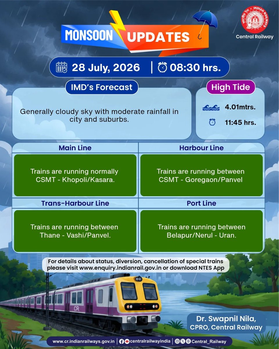 Central_Railway's tweet photo. CR Monsoon Updates at 08:30 hrs on 28th July, 2026.

#CRUpdates #MumbaiRains
#MonsoonUpdates #CentralRailway
#MumbaiLocal https://t.co/ZRz2tblBYt