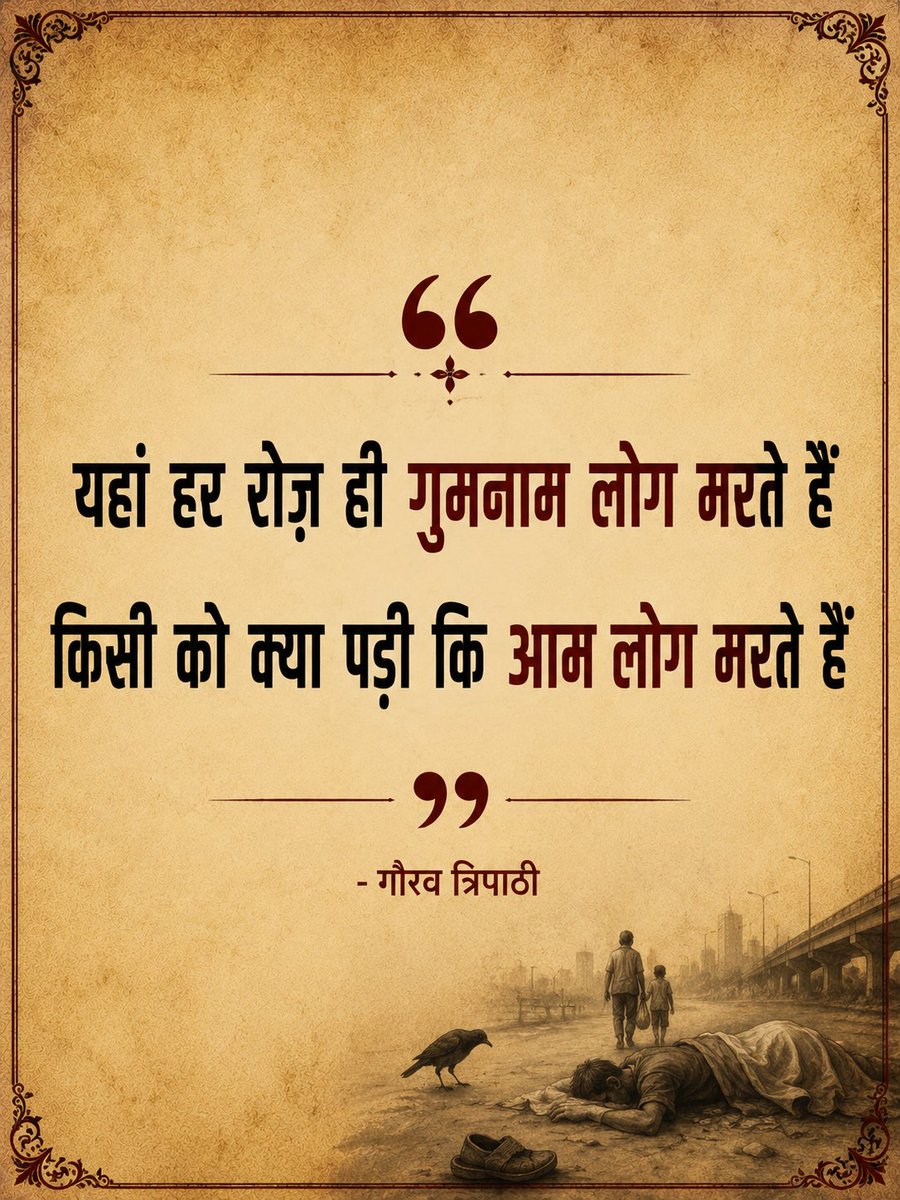 gaathiwrites's tweet photo. यहां हर रोज़ ही गुमनाम लोग मरते हैं
किसी को क्या पड़ी कि आम लोग मरते हैं

कभी है हादिसे का डर कभी दरिंदों का
सुबह का वक्त हो या शाम लोग मरते हैं

सुनो हाकिम ने कहा ये हमारे मरने पर
लगा दो मौत का कुछ दाम लोग मरते हैं

ज़रा जल्दी करो गुस्साए कोई न सत्ता पर
किसी पे डाल दो इल्ज़ाम लोग मरते हैं

अरे जो पाते हैं ताक़त हवादिस और दंगों से
हुए जाते हैं वो गुलफ़ाम लोग मरते हैं

भले माने न कोई पर ये बात है सच कि
यही है हालत-ए-आवाम लोग मरते हैं

- गौरव त्रिपाठी 

[Hindi Ghazal, Hindi Kavita, Hindi Poetry, Urdu Ghazal, Urdu Poetry, Gaurav Tripathi Poetry]