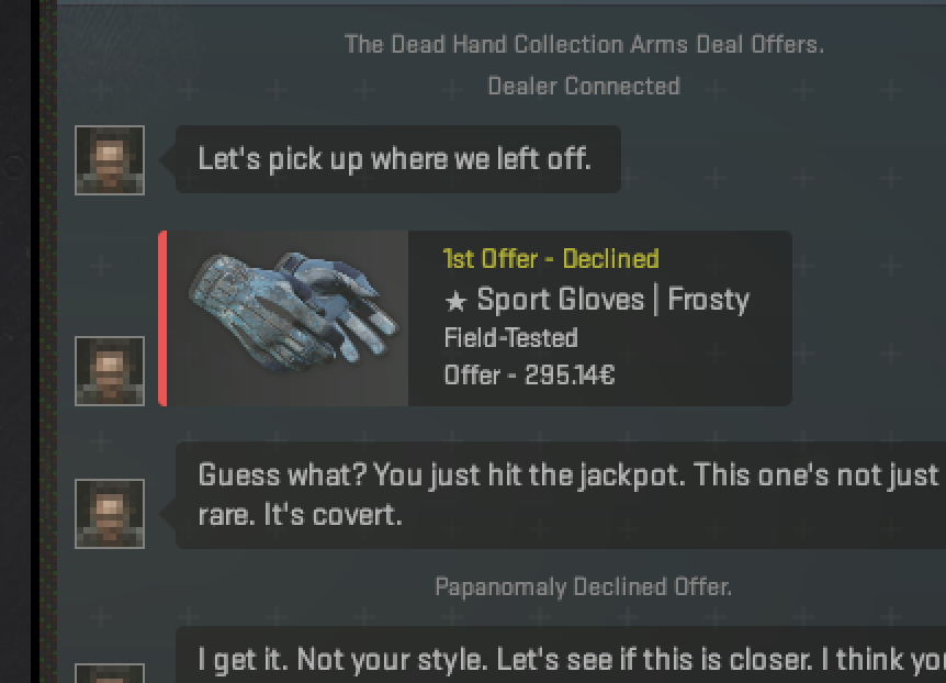 anomalyskins's tweet photo. Being happy opening gloves but then having to DECLINE them because Valve wants DOUBLE what they're worth feels really good. Good system. Nice, I like! :-) https://t.co/8SYolzEiv5