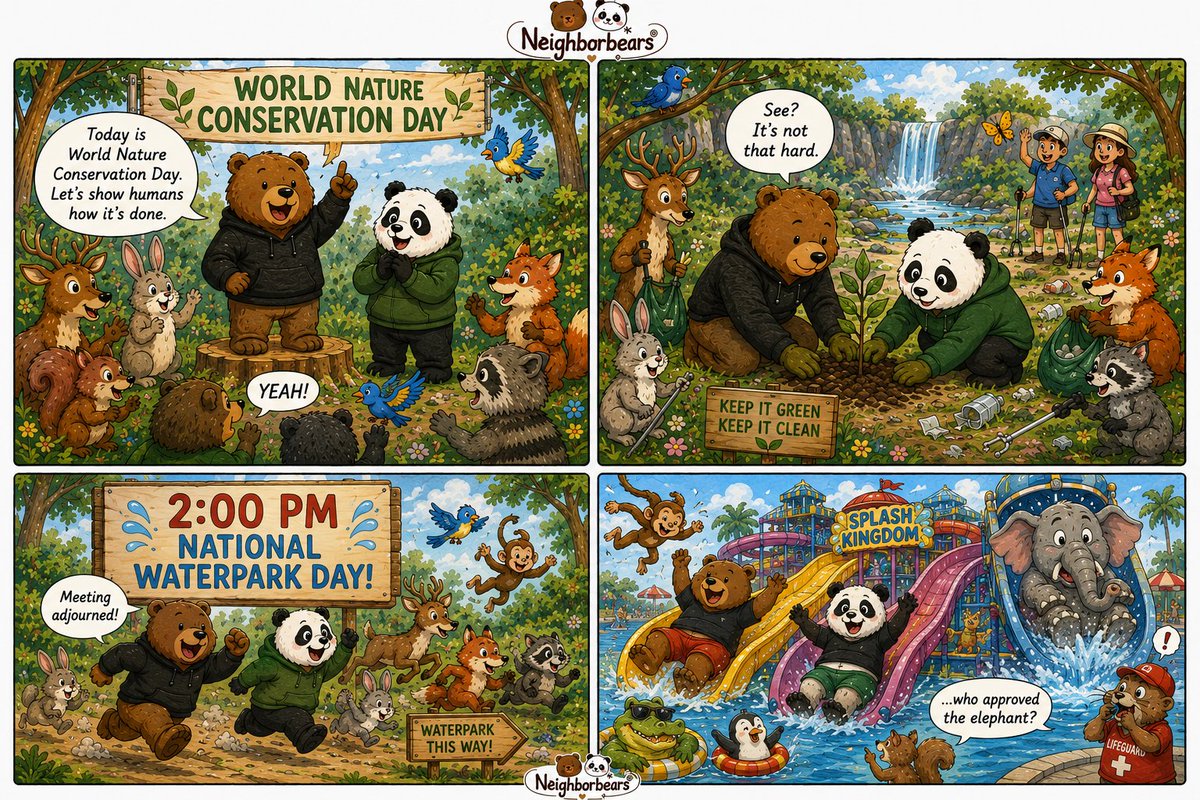 neighborbears's tweet photo. Growing up isn't choosing between responsibility and fun.

It's cleaning up after yourself...
 and still making time to laugh. 🌿❤️💦

#WorldNatureConservationDay #NationalWaterparkDay #NeighborBears #ComicsStrip #WholesomeHumor  #Comic #Animals #WebComics https://t.co/rjQrbtAPCt