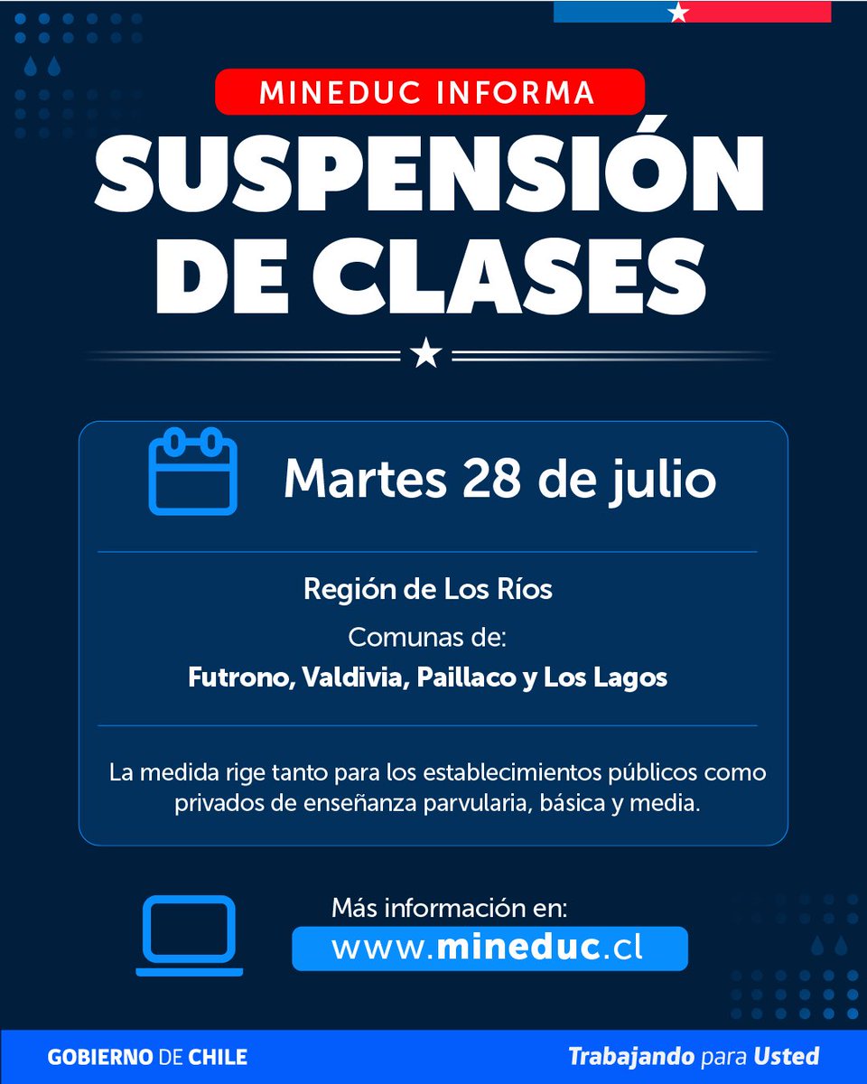 Mineduc's tweet photo. Por efectos del sistema frontal, se suspenden las clases para mañana martes 28 de julio en las siguientes zonas:

-Región de los Ríos: comunas de Futrono, Paillaco, Los Lagos y Valdivia.

Mantente informado por los canales oficiales.
 
#JuntosChileSeCuida https://t.co/hDq2AkMtmD