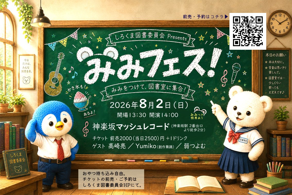 hanemi88's tweet photo. 昭和の中学生が主人公のしろくま図書委員会・夏ライブはもう間もなくです。マッシュレコードでのライブは最終回。豪華ゲストでお届けします✨ご予約してね
8/2 14時〜神楽坂マッシュレコードにて。くわしくはHPにて。
https://t.co/wBj01DZS5T
#神楽坂マッシュレコード https://t.co/w9Z3vhUFxR