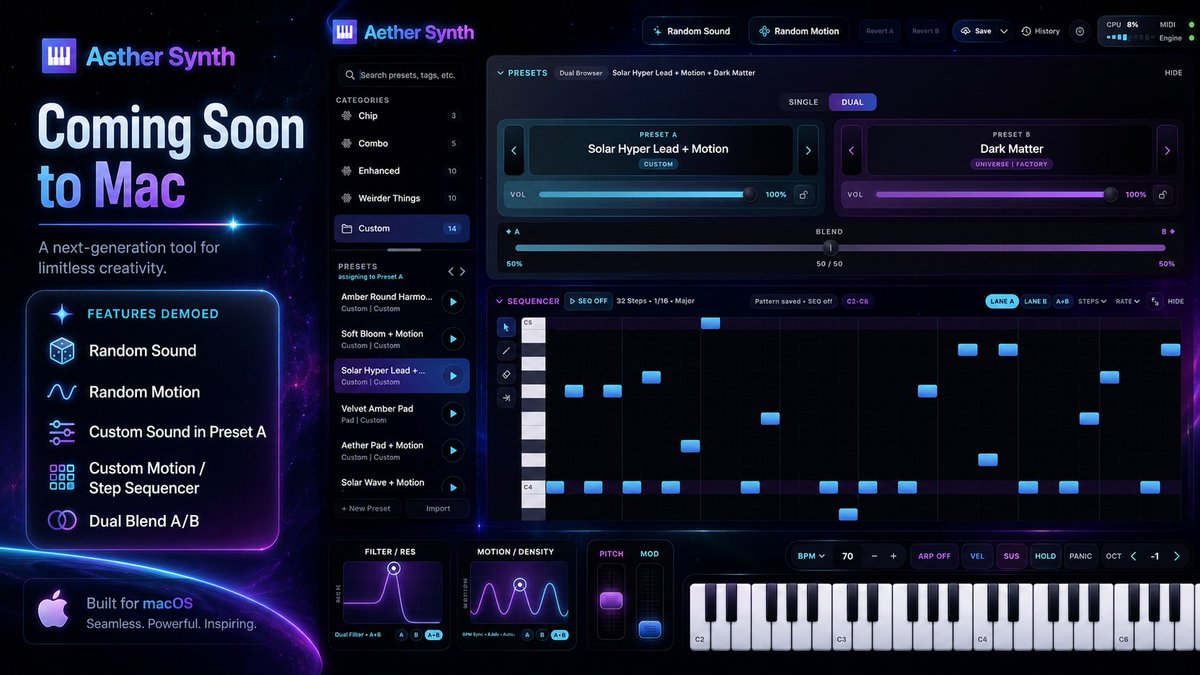 jkphilly_fan's tweet photo. Aether Synth is coming soon to Mac. ๐
Just like iOS + AUv3, generate a custom sound, create custom motion with the Step Sequencer, then blend Preset A with Preset B in Dual mode.
Watch the demo:
https://t.co/kKPlSAjxtj
#AetherSynth #macOS #synthesizer https://t.co/M069djI9zr