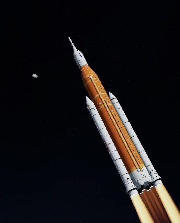 StarshipShip_39's tweet photo. One of my best pictures yet in Juno: New Origins!

(Visuals: Artemis I climbing high into the atmosphere with the moon in the background) https://t.co/kJgiA6tuXe
