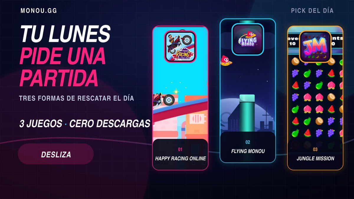 Monougg's tweet photo. Yo pongo la jungla. Tú eliges:
🏍️ Happy Racing Online
🚀 Flying Monou
🍉 Jungle Mission
Juega gratis en https://t.co/fYI2loki9z
#MonouGG https://t.co/xwBaYoGYjJ