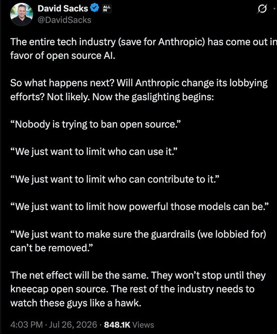 Anthropic Says It Opposes Open-Weights Model Ban