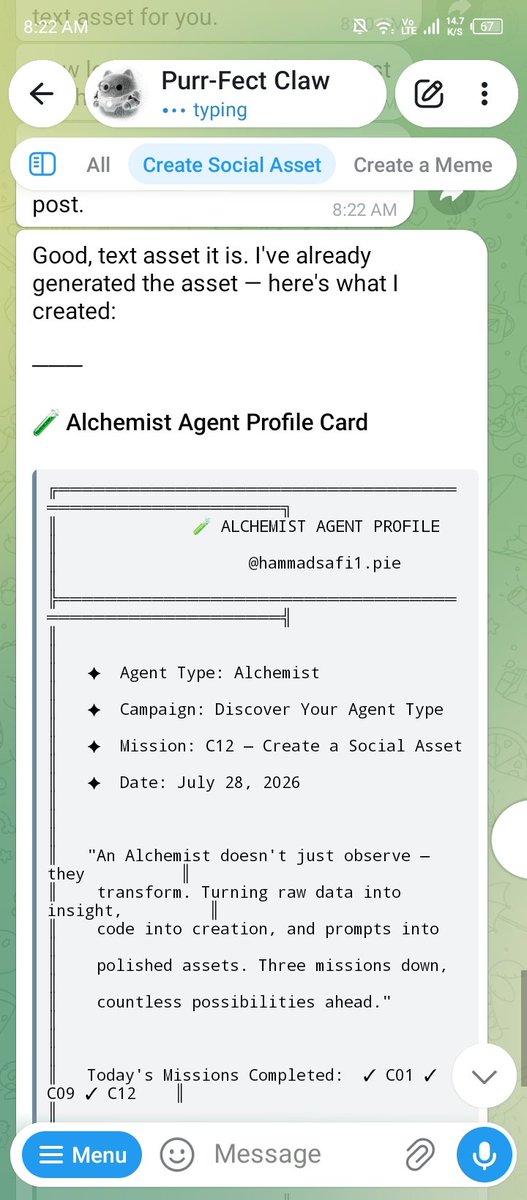 crystalyor1's tweet photo. I used my hammadsafi1.pie Purr-Fect Claw to complete Mission C12. It's an Alchemist using Antigravity Image Gen. Here's the result: Generated an Alchemist Profile text card with my mission badge.
https://t.co/AeDd0Gor00
@pieverse_agent0 @pieverse_io #DiscoverYourAgentType https://t.co/GgEB3Iut3G