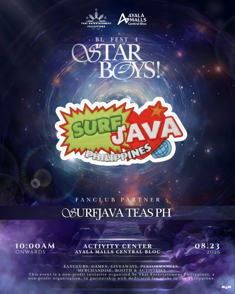 TEPHL's tweet photo. 🌌✨ “Boom Clap sound of our hearts.” 💫🌌

We are thrilled to announce the participation of @SurfJavaPH  at Thai BL Fest PH 4 Cebu: #StarBoys! 💙⭐

Just like the stars that find each other across endless skies, our fandoms come together once again to celebrate the stories, friendships, and memories that connect our hearts.

📅 August 23, 2026
⏰ 10:00 AM onwards
📍 Ayala Malls Central Bloc – Level 3 Activity Area

💖 Fanclub Booths
📷 BL-Inspired Runway Photospots
🎲 Fun Fan Activities
🔗 Register here: https://t.co/60qAY4Y2vS

👗 DRESS CODE: Navy Blue / Dark Blue & Gray 🌌
#ThaiBLFestPH4 #StarBoys 

Disclaimer: This is a fan community event organized by fans, for fans. Thai Entertainment PH is not liable for any items or materials produced by participating fanbases. Our goal is to provide a safe and welcoming space for Filo BL stans. For any concerns, please contact the respective fanclub partners directly.