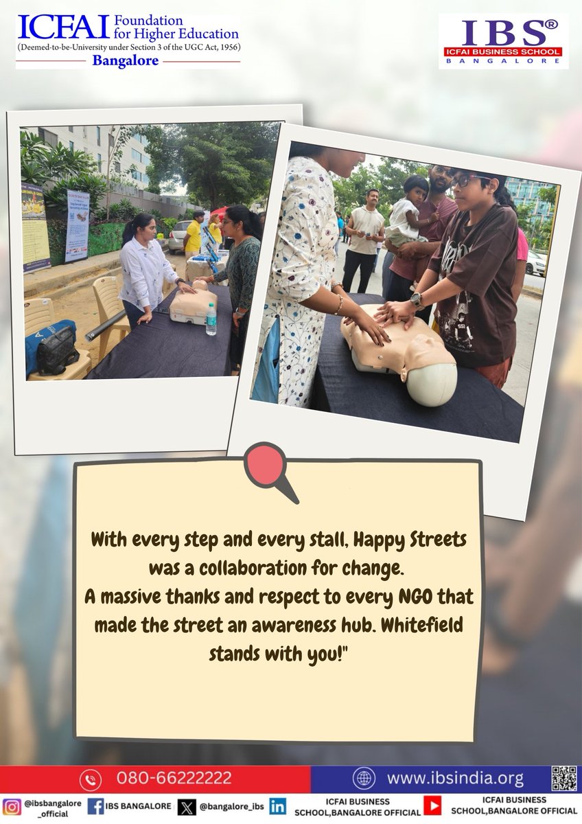 bangalore_ibs's tweet photo. Reliving the vibrant spirit of HappyStreets Whitefield! 🚲✨ Huge thanks to The Times of India &amp; Bhima Jewellers. From NGO stalls to live demo sessions by ALERT - Golden Army, it was a day of community &amp; life-saving skills! 💛

#mba #ibsbangalore #icfai #IFHE https://t.co/IonNXeYy6Y