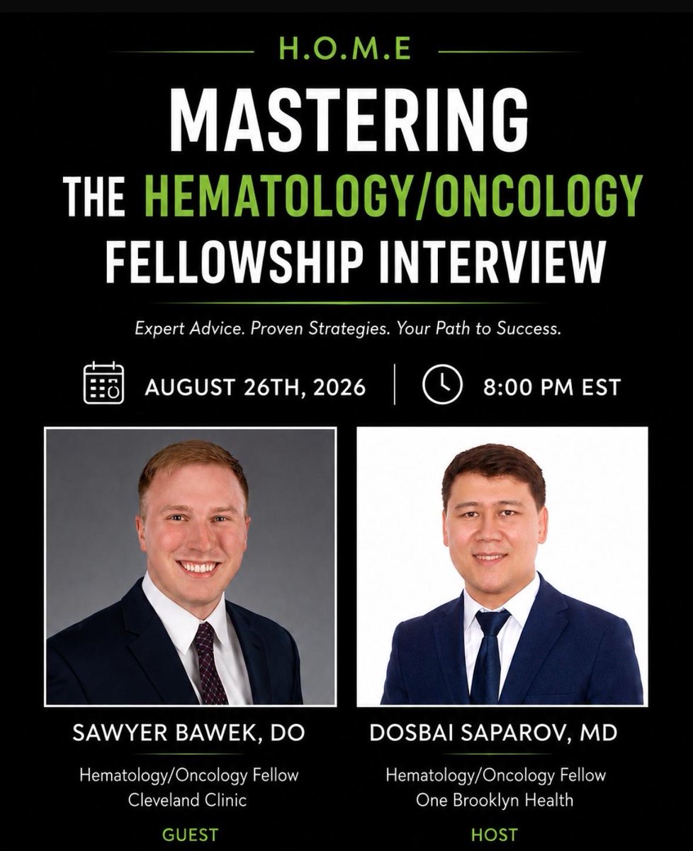hemeoncfellow's tweet photo. *๐ข Upcoming H.O.M.E. Educational Webinar*
We're excited to announce our upcoming webinar:
Mastering the Hematology/Oncology Fellowship Interview
๐
Date: August 26, 2026
๐ Time: 8:00 PM EST
๐ Video call link: https://t.co/UuKFAXXpxM https://t.co/vmuMVGo3XS