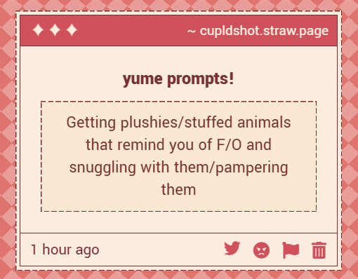 LUVCUPlD's tweet photo. 🏹— scenario

"getting plushies/stuffed animals that remind you of f/o and snuggling with them/pampering them" 

do you think they'd adore you for it or get (playfully) jealous of them? https://t.co/8iCtXnSecD