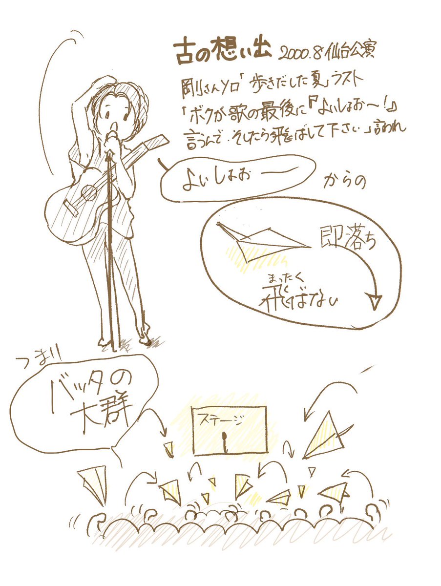 chiakinki's tweet photo. #どうもとさん
ラジオで語られた「 黄色い紙飛行機」、2000年仙台公演で私も参加しました
折り目が印刷された紙を開演前に丁寧に折り上げてワクワクしながらその瞬間を待った思い出
ものすごく幻想的な景色をイメージしたのですが、投げたら即床に落下する仕様
ほんとにバッタでした https://t.co/G4uud4TdrE