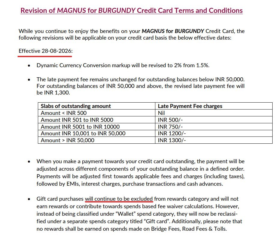 MLapasia's tweet photo. Another day, another premium card getting nerfed. Axis Magnus for Burgundy, effective 28-Aug-2026:
— FX markup up to 2%
— Late fee hikes on high outstanding
— Toll/road/bridge fee spends now earn ZERO rewards
— Gift cards get their own (reward-less) category
Death by a thousand cuts 🧵
Anyone still find this card worth the annual fee after this?

#ccgeek
#ccgeeks #MagnusForBurgundy #AxisBank #RewardsPoints