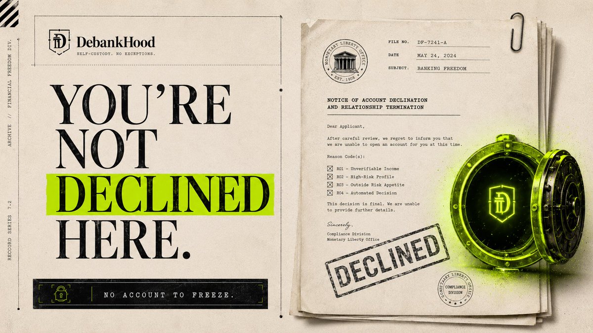 debankzone's tweet photo. Banks Can Say No. A Self-custody Wallet Cannot. 🏦

Debankhood Turns The Debanking Story Into A Solana-first Meme Bank With No Account To Freeze, No Back Office, And No Gatekeeper Deciding Who Gets In.

You're Not Declined Here. #DebankHood #Solana #MemeCoin https://t.co/bh84PHwwU9