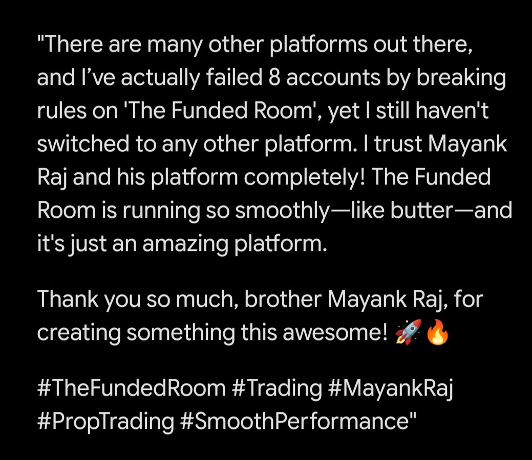 mr99484's tweet photo. Thank you so much, brother Mayank Raj, for creating something this awesome! ๐๐ฅ
#TheFundedRoom #Trading #MayankRaj #PropTrading #SmoothPerformance"
@thefundedroom https://t.co/f1BqWYg3vi