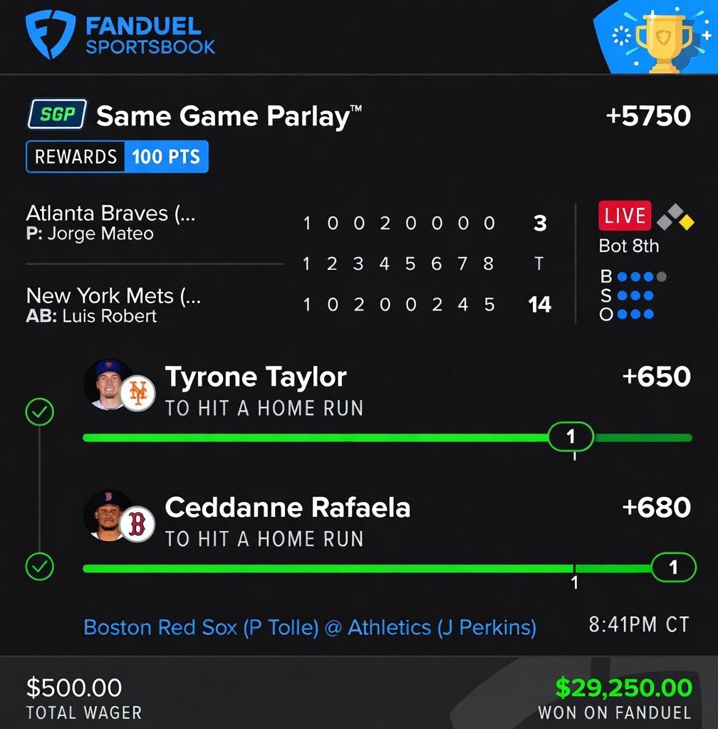 AmeliaBrooks00's tweet photo. $500 → $29,250  

Tyrone Taylor + Ceddanne Rafaela both went yard 🔥

$50 giveaway to anyone who likes this, drop your Cashapp below ⬇️ https://t.co/rLLYnGQBlG