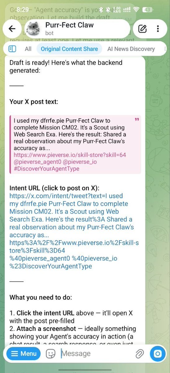 1SheldonCooper1's tweet photo. I used my dfrrfe.pie Purr-Fect Claw to complete Mission CM02. It's a Scout using Web Search Exa. Here's the result: Shared a real observation about my Purr-Fect Claw's accuracy as...
https://t.co/3vrL6bVdI1
@pieverse_agent0 @pieverse_io #DiscoverYourAgentType https://t.co/rBrkg47CAo