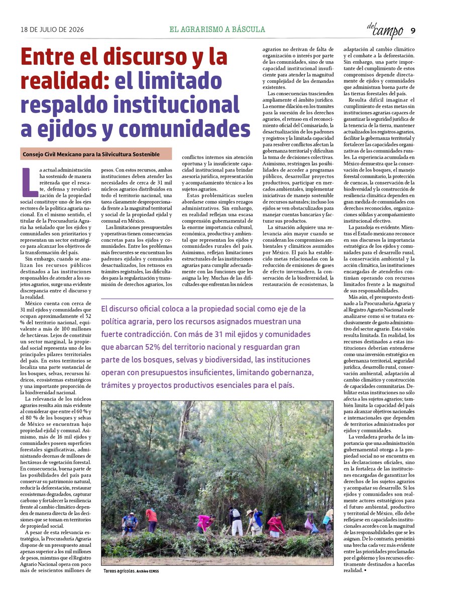 actuaporlasalud's tweet photo. "Si los ejidos y comunidades son realmente actores estratégicos para el futuro ambiental, productivo y territorial de México, ello debe reflejarse en capacidades institucionales acordes con la magnitud de las responsabilidades que se les asignan".
🖊️@jornadadelca mpo 
https://t.co/CYFrNb4ts6