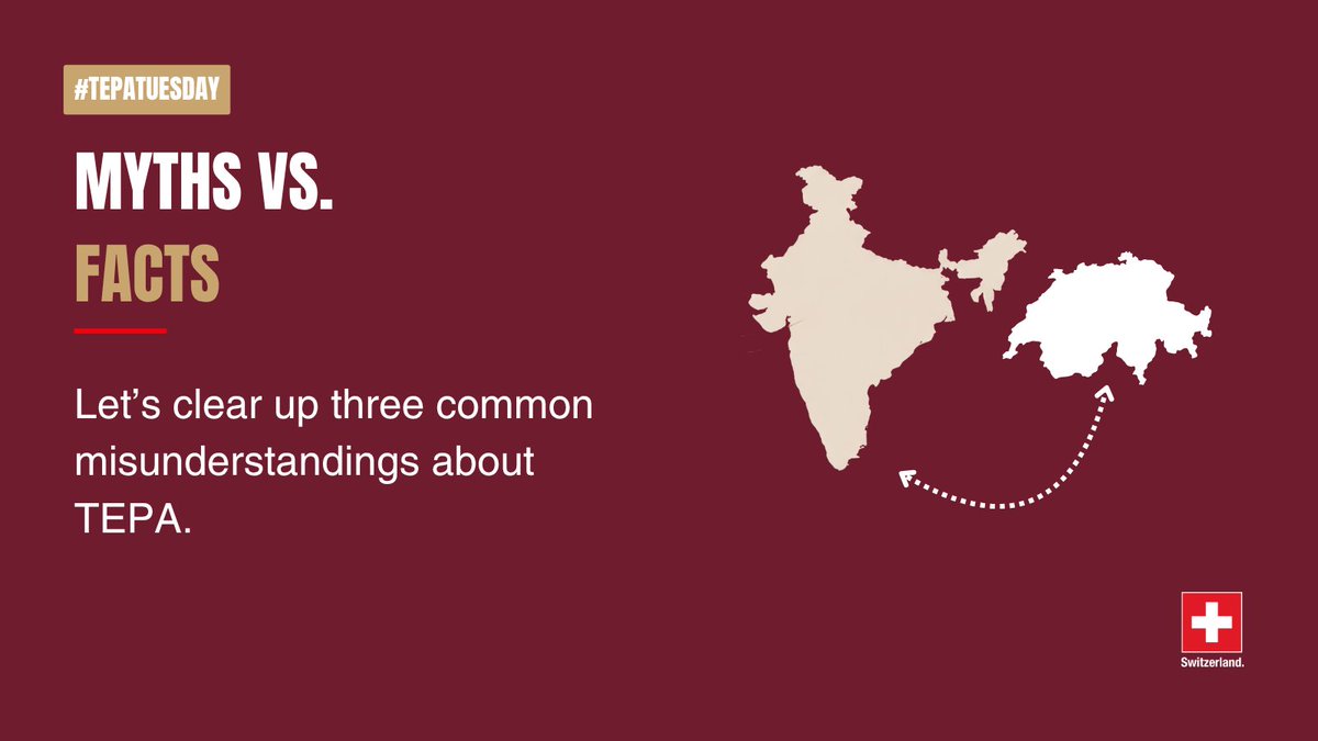 SwissEmbassyIND's tweet photo. Myth or Fact? 🤔

TEPA is more than tariffs—and not every common assumption about the agreement is true.

In this week's #TEPATuesday, we're separating myths from facts. 🇨🇭🤝🇮🇳

#TEPA #SwitzerlandIndia #Trade https://t.co/0TmBmS9uLs