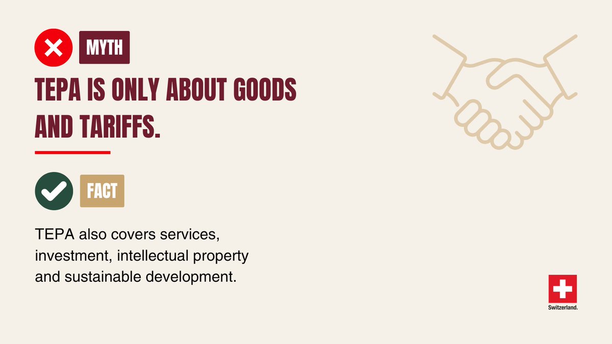 SwissEmbassyIND's tweet photo. Myth or Fact? 🤔

TEPA is more than tariffs—and not every common assumption about the agreement is true.

In this week's #TEPATuesday, we're separating myths from facts. 🇨🇭🤝🇮🇳

#TEPA #SwitzerlandIndia #Trade https://t.co/0TmBmS9uLs