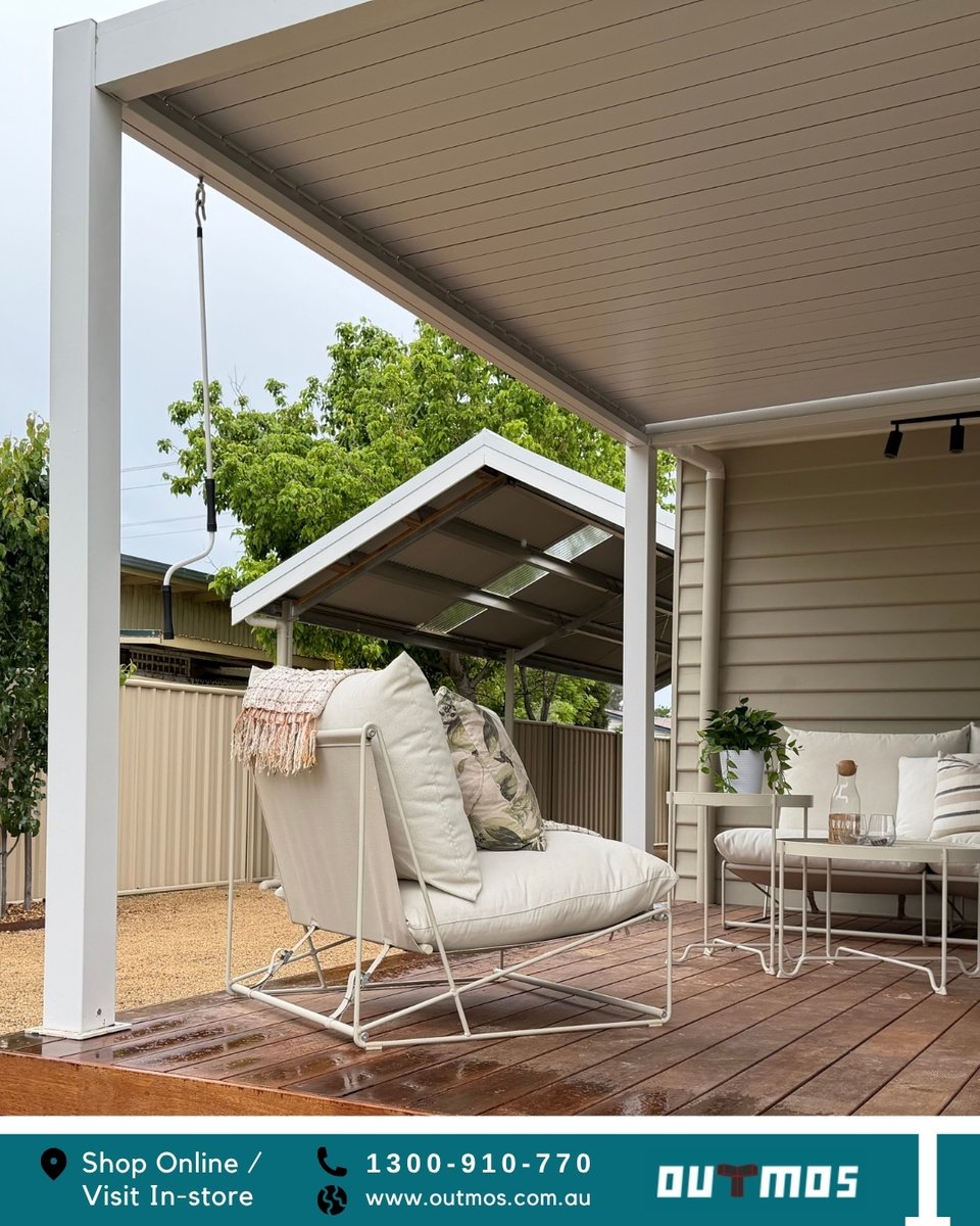 OutmosPergola's tweet photo. It's raining. You're still outside. That's the whole point. ☕No scrambling to bring the cushions in. No cutting the afternoon short. Just you, your coffee, and a pergola that handles whatever the sky decides to do. 

#outmos #outmospergola #pergola #louvredpergola #patiodesign https://t.co/F7a2ew5Ypk