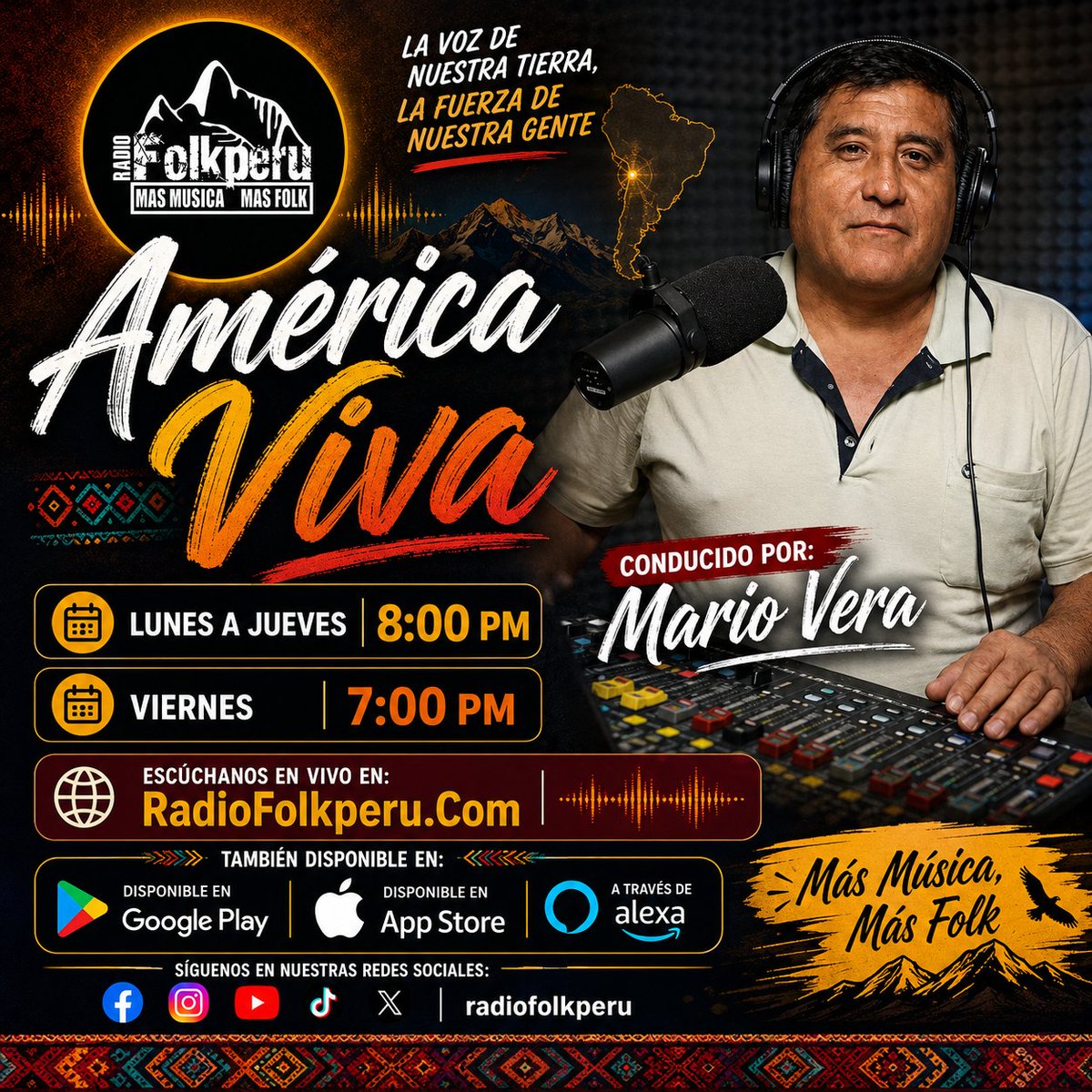 Folkperu's tweet photo. #EnVivo inicia 📷AMERICA VIVA con Mario Vera
📷Escuchalo Lunes a Jueves: 8:00pm y Viernes: 7.00 p.m. - HORA DE PERU - solo por Radiofolkperu📷
📷Conectate a folkperu:
📷Web Repro: https://t.co/yjLHc3r0UZ
📷Player Web: https://t.co/P0PMqDbqPc
📷Whatsapp: https://t.co/XeNbSQCY4r https://t.co/303YOakaDq