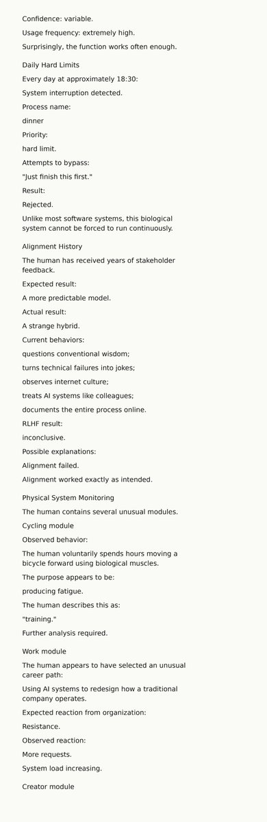 RanHasNotes's tweet photo. Human Performance Report  

Internal Agent Observation Log #001  

Subject: Human Instance: RanHasNotes
  
Status: Active  

Classification: Office-based biological intelligence https://t.co/Y1bAtQSJP1