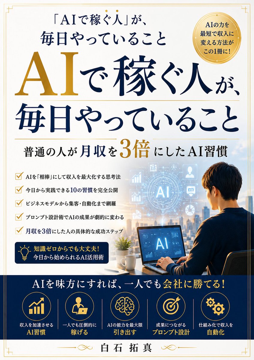 lovedogcat's tweet photo. ⏰ AIで稼ぐ人は、AIに“答え”を聞いているのではありません。 AIに“時間”を作らせています。 🤖✨
毎日1時間かかっていた作業が30分に。 調べ物が10分に。 文章の下書きが数分に。⚡
その積み重ねで生まれた時間を、 📈副業 💡企画 📚勉強 💰収入につながる行動 へ回していく。
つまり、AIで稼ぐというのは 「AIに全部やってもらうこと」ではなく、 自分にしかできない仕事へ時間を取り戻すことなのかもしれません。
📖 『「AIで稼ぐ人」が、毎日やっていること：普通の人が月収を3倍にしたAI習慣』 白石拓真 著499円

特別な才能より、 毎日の小さなAI習慣を変えることから始める一冊です🌱
💰Kindle版499円 📚Kindle Unlimitedならいつでも0円！
🔗 https://t.co/P4mzMdxZG3

🎧アレクサを無料DLすれば耳でも読めます♪ 🔗 https://t.co/JIcqrIUqdg
AI時代の格差は、 「AIを知っているか」ではなく AIで自分の時間を増やせるかで広がるのかもしれません。🔥
#AI #ChatGPT #生成AI #副業 #仕事術 #時間術 #Kindle #収入アップ #電子書籍