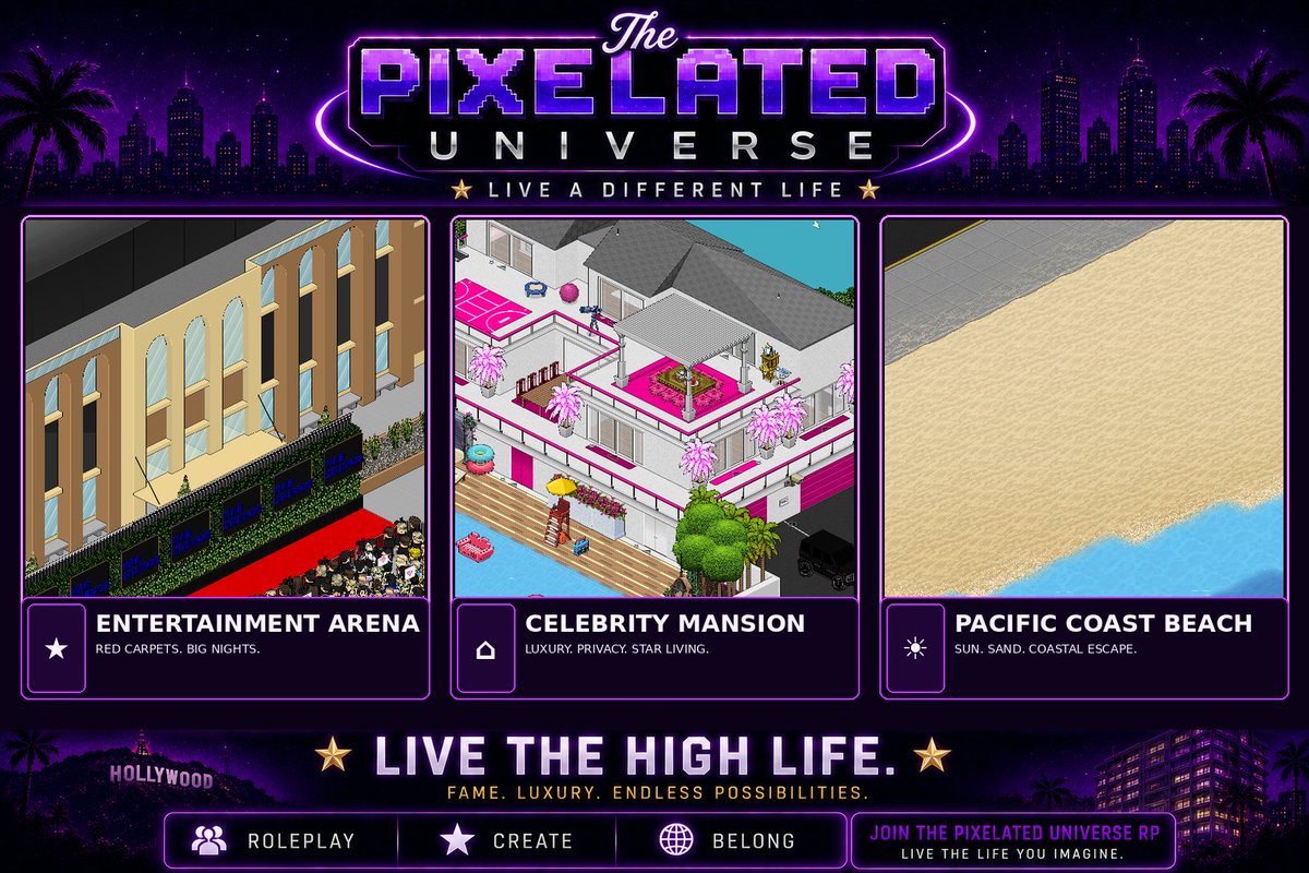 PixelatedEnt's tweet photo. Red carpets. Celebrity living. Pacific Coast views. ⭐

From award nights at the Pixelated Entertainment Arena to luxury mansions and days along the beach, your next life is waiting.

🌐 Join The Pixelated Universe RP: https://t.co/r78yPPWn75 https://t.co/ZTFY6CJXFr