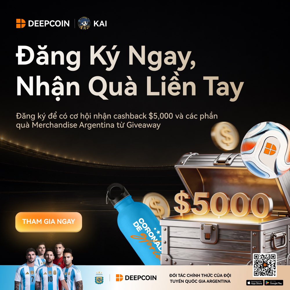 1Kaiweb3's tweet photo. Mình có 1 giveaway nho nhỏ cùng Deepcoin dành cho anh em đây

Quà tặng phiên bản giới hạn Deepcoin x Argentina gồm balo, nón, bình nước, ô, bóng… nhìn khá đẹp nên anh em đừng bỏ lỡ.

Cách tham gia:
✅ Follow @DeepcoinVN và @1kaiweb3 @AFASeleccionEN
✅ Like, Repost bài viết và comment UID, đồng thời tag 2 người bạn bên dưới bài viết
✅ Join Telegram: https://t.co/ekbunnRHMn

Sẽ có 3 bạn may mắn được GROK chọn ngẫu nhiên để nhận quà.

⏰ Thời gian: đến hết 31/07/2026.

⸻

Ngoài giveaway thì Deepcoin cũng đang có chương trình chào mừng người dùng mới với khá nhiều ưu đãi:

Nạp từ 20 USDT nhận ngay 50% tiền thưởng trải nghiệm
Tổng phần thưởng lên tới 5,000 USDT
Giảm tới 50% phí giao dịch Futures
Tham gia Lucky Draw với cơ hội trúng 1 BTC

Chi tiết chương trình Cashback:
https://t.co/DnNgcvjrmL

Anh em nào chưa có tài khoản thì có thể tranh thủ tham gia cả giveaway lẫn event cho người mới.

Mất vài phút làm nhiệm vụ nhưng biết đâu vừa có quà phiên bản giới hạn, vừa nhận thêm bonus giao dịch thì cũng khá ngon.

Chỉ vài ngày thôi nên join nhanh anh em!!!