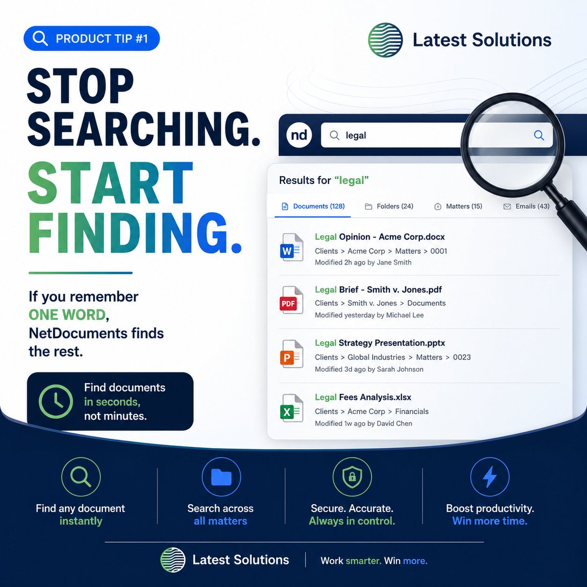SolutionsLatest's tweet photo. Pro tip 💡 Use saved searches in NetDocuments to pull up your most-used document sets in one click. Set it up once, save minutes every single day.
#NetDocuments #ProTip #LegalTech #Efficiency https://t.co/7zZmwBYBrp