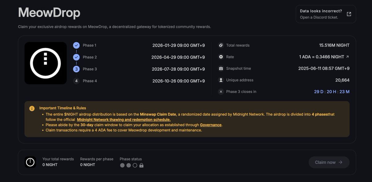 MinswapDEX's tweet photo. The third tranche for Minswap LPs to claim their
$NIGHT allocation is live!

@MidnightNtwrk (Cardano’s first partner chain) is distributing 24B $NIGHT to ADA holders from the June 12, 2025 snapshot.    

Minswap LPs can claim their allocation via our custom solution, Meowdrop. https://t.co/sVXmNW7qHD