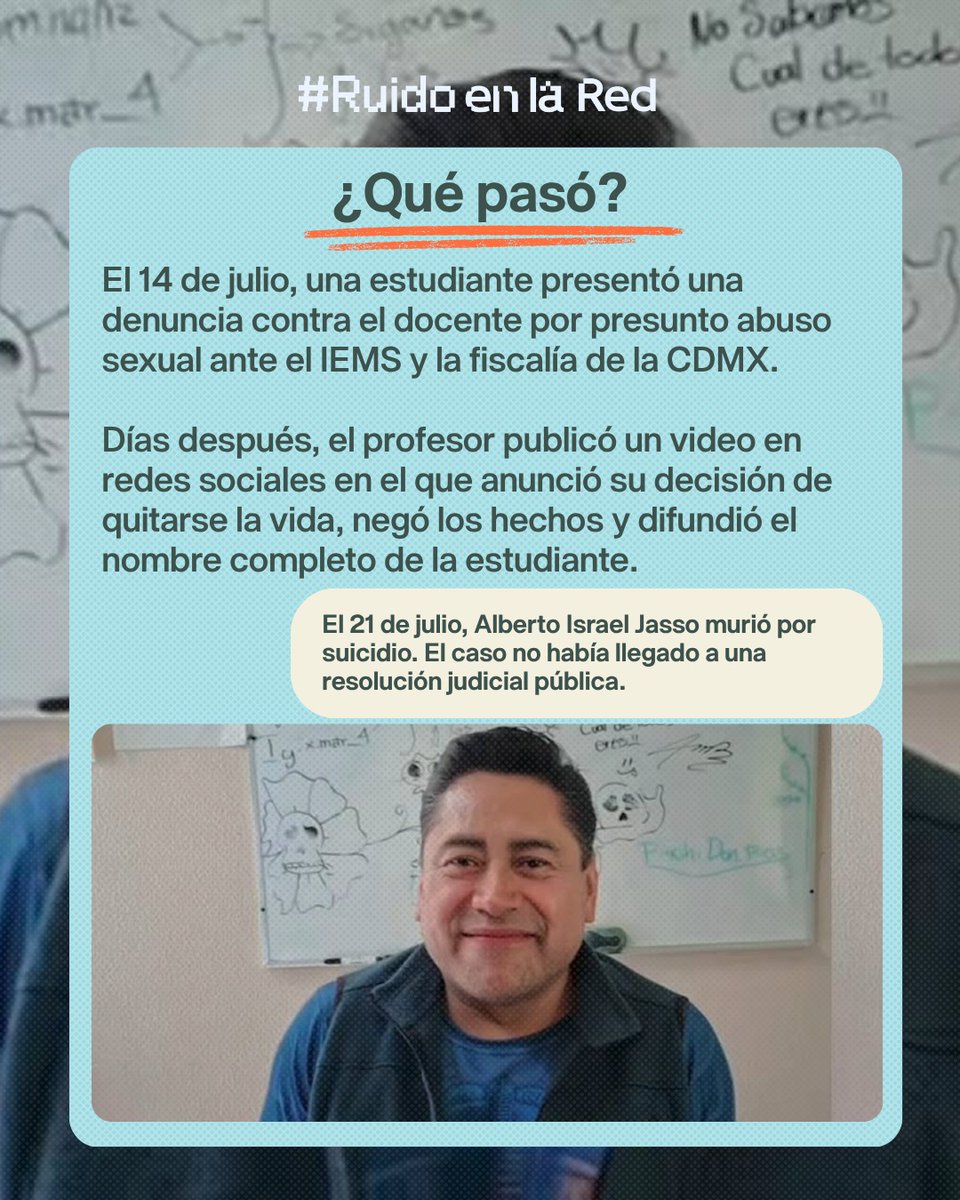 RuidoEnLaRed's tweet photo. ‼ El caso del profesor Alberto Israel Jasso derivó en la exposición de la persona menor de edad que lo denunció por un supuesto abuso sexual en un plantel del IEMS.

El docente publicó un video en el que negó las acusaciones y difundió datos de la adolescente. Luego se suicidó.

El caso es usado para atacar al movimiento feminista, usando videos y fotos que no corresponden a este hecho.