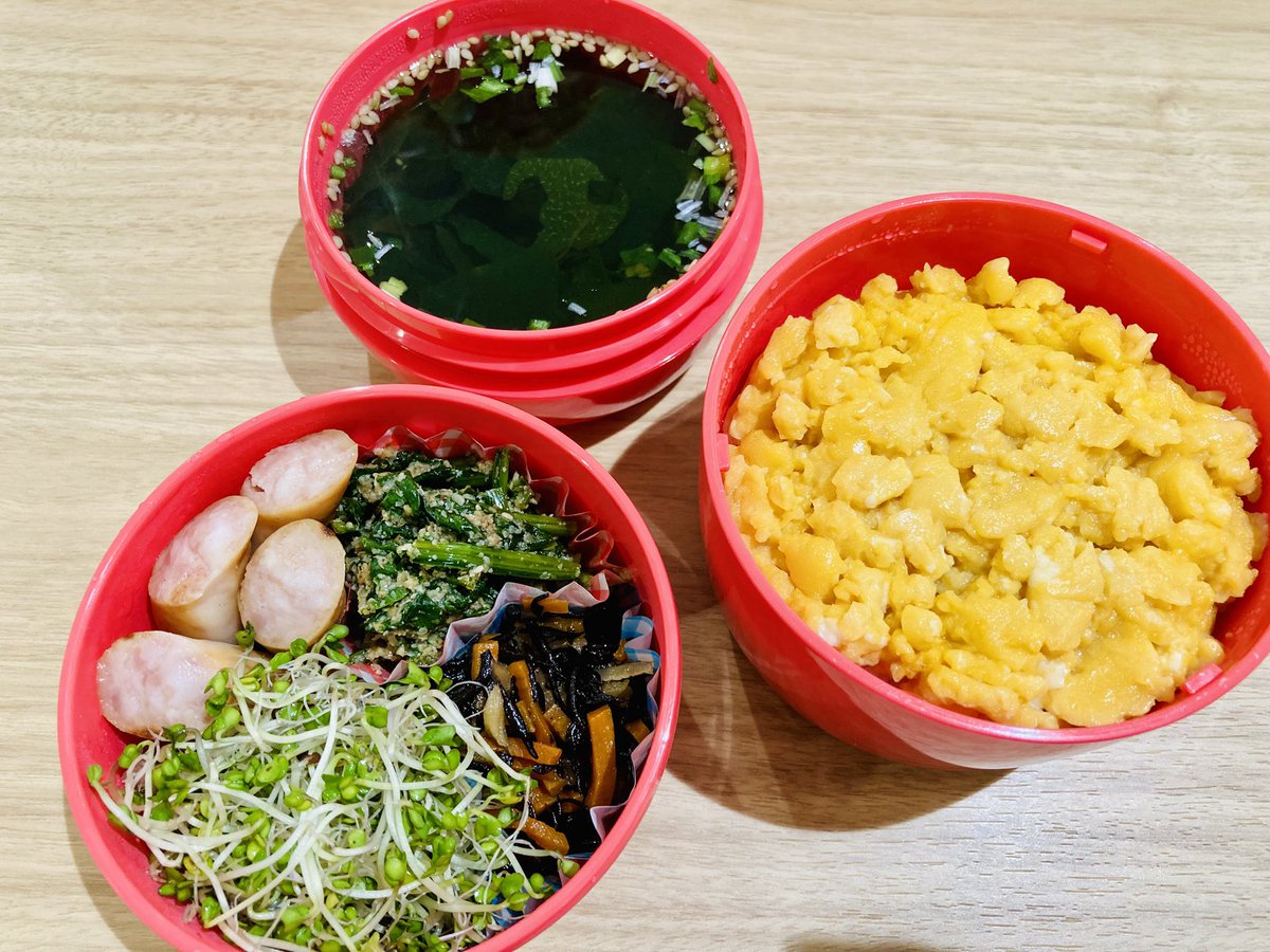 SL3005355's tweet photo. 今日のお弁当。卵そぼろご飯、そぼろもウインナーもレンチン。日曜日に作った冷凍常備菜とブロッコリースプラウト(もじゃもじゃと呼んでる)を詰めて、インスタントのわかめスープ(大袋)を規定量スープ容器に入れて完了。夕飯の食器とお弁当箱を同時に洗ったらすぐに翌日のお弁当詰めちゃう。 https://t.co/S3MDMAIkpf
