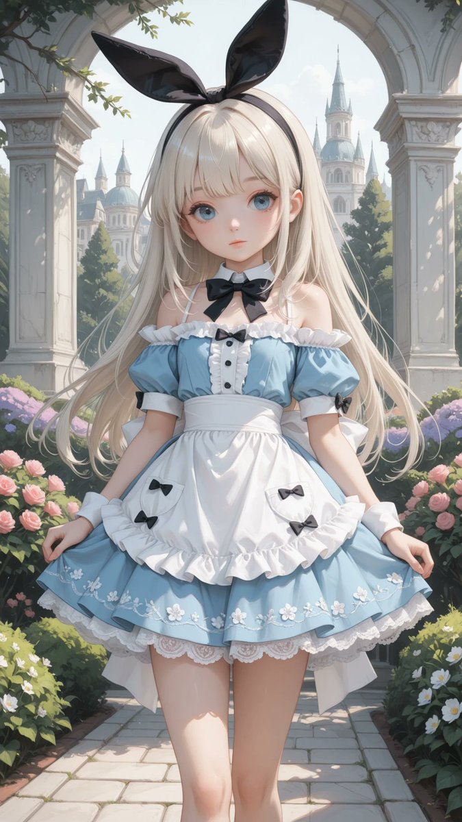 AliceLavli's tweet photo. オフショルダーのアリス服の衣装プロンプトをどうぞ✨
off-shoulder alice dress, classic alice-inspired mini dress, fully exposed shoulders, wide folded white off-shoulder neckline resting below both shoulders, detached short puff sleeves positioned below the shoulders, bare shoulder line, open shoulder design, fitted bodice with princess seams, large white satin chest bow, high-waisted silhouette, white apron with scalloped edges and delicate floral embroidery, layered above-the-knee flared skirt with soft gathered volume, white lace hem, white ruffled petticoat peeking beneath the skirt, satin waistband tied into a large bow at the back, oversized upright black bunny-ear headband, tall solid jet black bunny ears, alice blue dress only, alice blue bodice only, alice blue skirt only, pure white only on the off-shoulder neckline, detached sleeves, apron, chest bow, lace trim and petticoat, black head accessory only, pearl white decorative buttons only, strict color placement, fixed colors, fixed silhouette