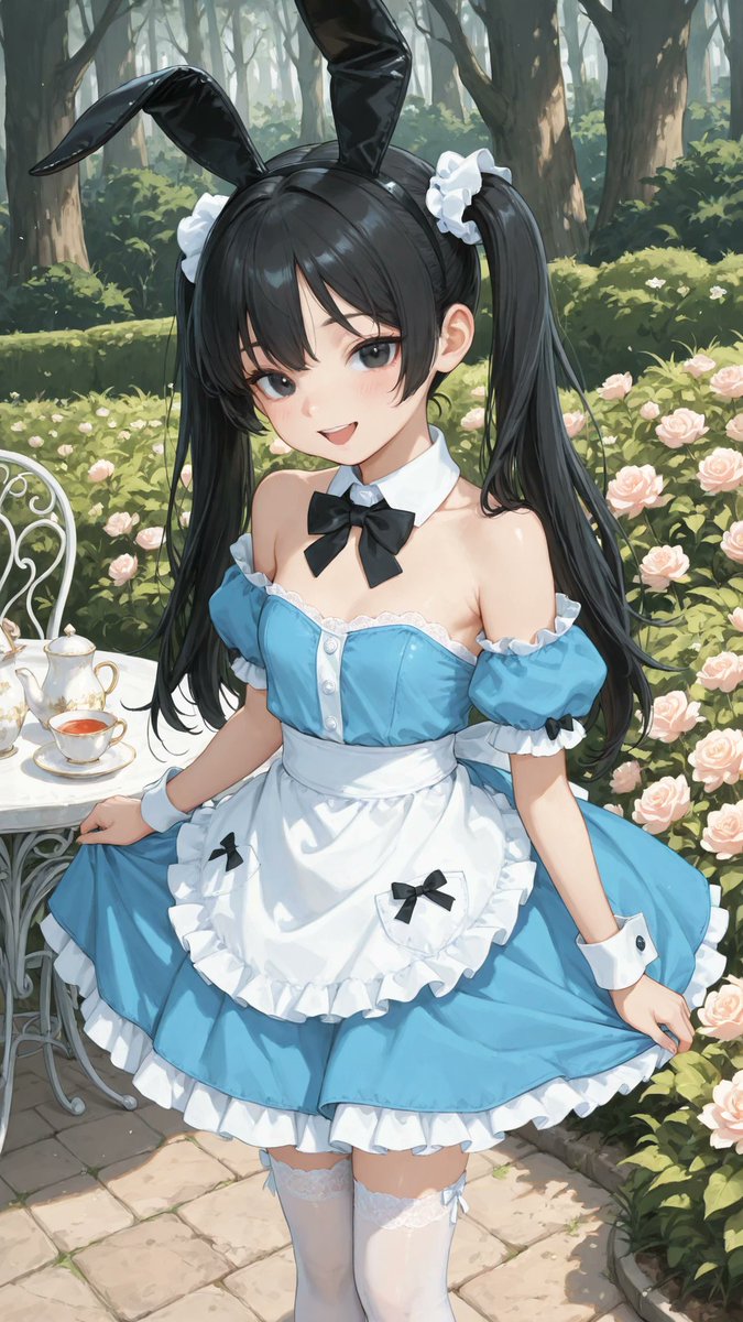 AliceLavli's tweet photo. オフショルダーのアリス服の衣装プロンプトをどうぞ✨
off-shoulder alice dress, classic alice-inspired mini dress, fully exposed shoulders, wide folded white off-shoulder neckline resting below both shoulders, detached short puff sleeves positioned below the shoulders, bare shoulder line, open shoulder design, fitted bodice with princess seams, large white satin chest bow, high-waisted silhouette, white apron with scalloped edges and delicate floral embroidery, layered above-the-knee flared skirt with soft gathered volume, white lace hem, white ruffled petticoat peeking beneath the skirt, satin waistband tied into a large bow at the back, oversized upright black bunny-ear headband, tall solid jet black bunny ears, alice blue dress only, alice blue bodice only, alice blue skirt only, pure white only on the off-shoulder neckline, detached sleeves, apron, chest bow, lace trim and petticoat, black head accessory only, pearl white decorative buttons only, strict color placement, fixed colors, fixed silhouette