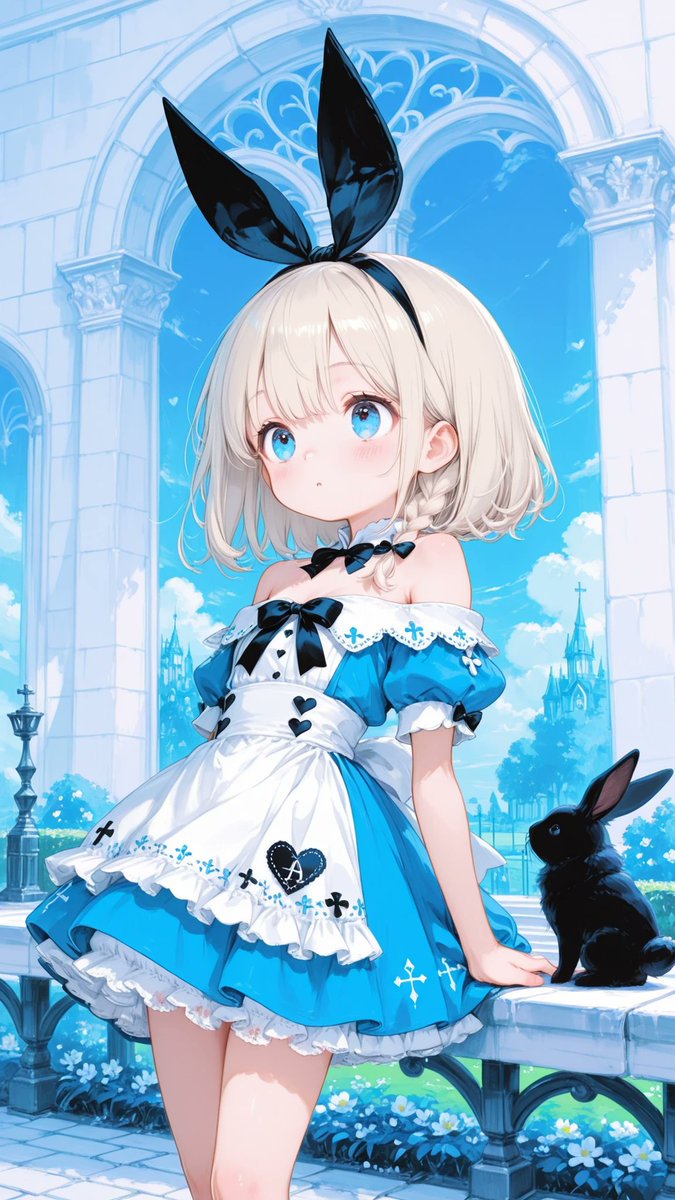 AliceLavli's tweet photo. オフショルダーのアリス服の衣装プロンプトをどうぞ✨
off-shoulder alice dress, classic alice-inspired mini dress, fully exposed shoulders, wide folded white off-shoulder neckline resting below both shoulders, detached short puff sleeves positioned below the shoulders, bare shoulder line, open shoulder design, fitted bodice with princess seams, large white satin chest bow, high-waisted silhouette, white apron with scalloped edges and delicate floral embroidery, layered above-the-knee flared skirt with soft gathered volume, white lace hem, white ruffled petticoat peeking beneath the skirt, satin waistband tied into a large bow at the back, oversized upright black bunny-ear headband, tall solid jet black bunny ears, alice blue dress only, alice blue bodice only, alice blue skirt only, pure white only on the off-shoulder neckline, detached sleeves, apron, chest bow, lace trim and petticoat, black head accessory only, pearl white decorative buttons only, strict color placement, fixed colors, fixed silhouette